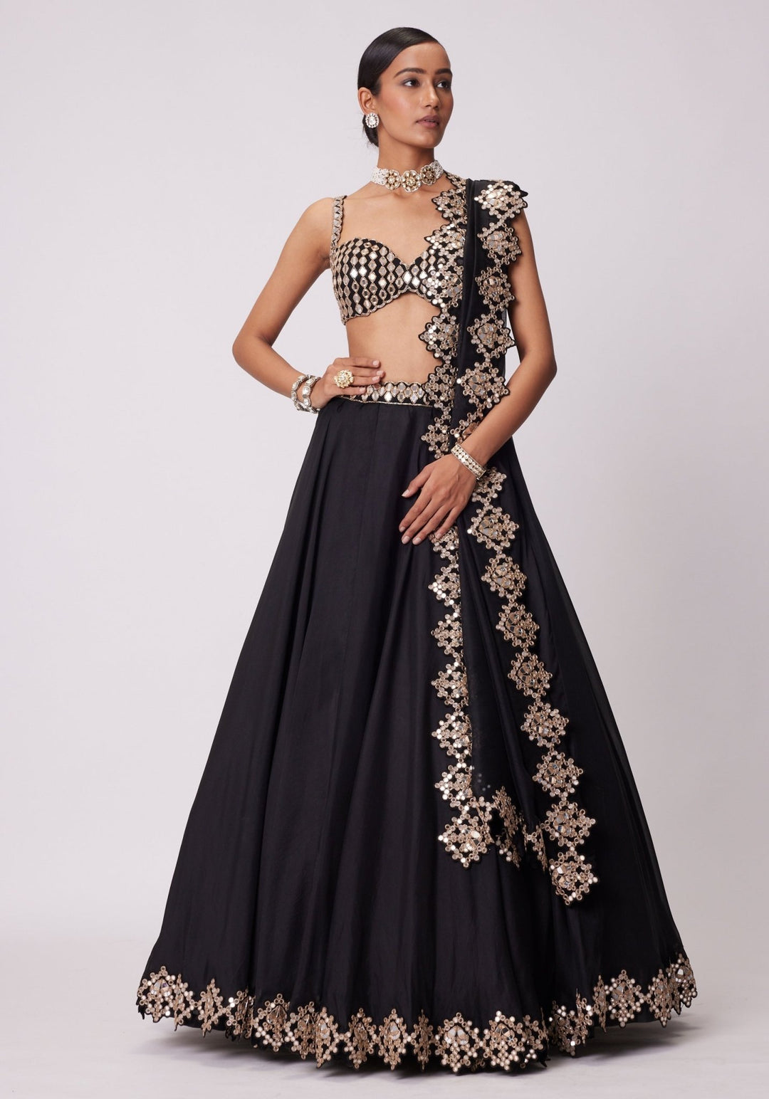 Black Organza Lehenga With Embroidered Sleeveless Blouse Vvani by Vani Vats - Fabilicious Fashion