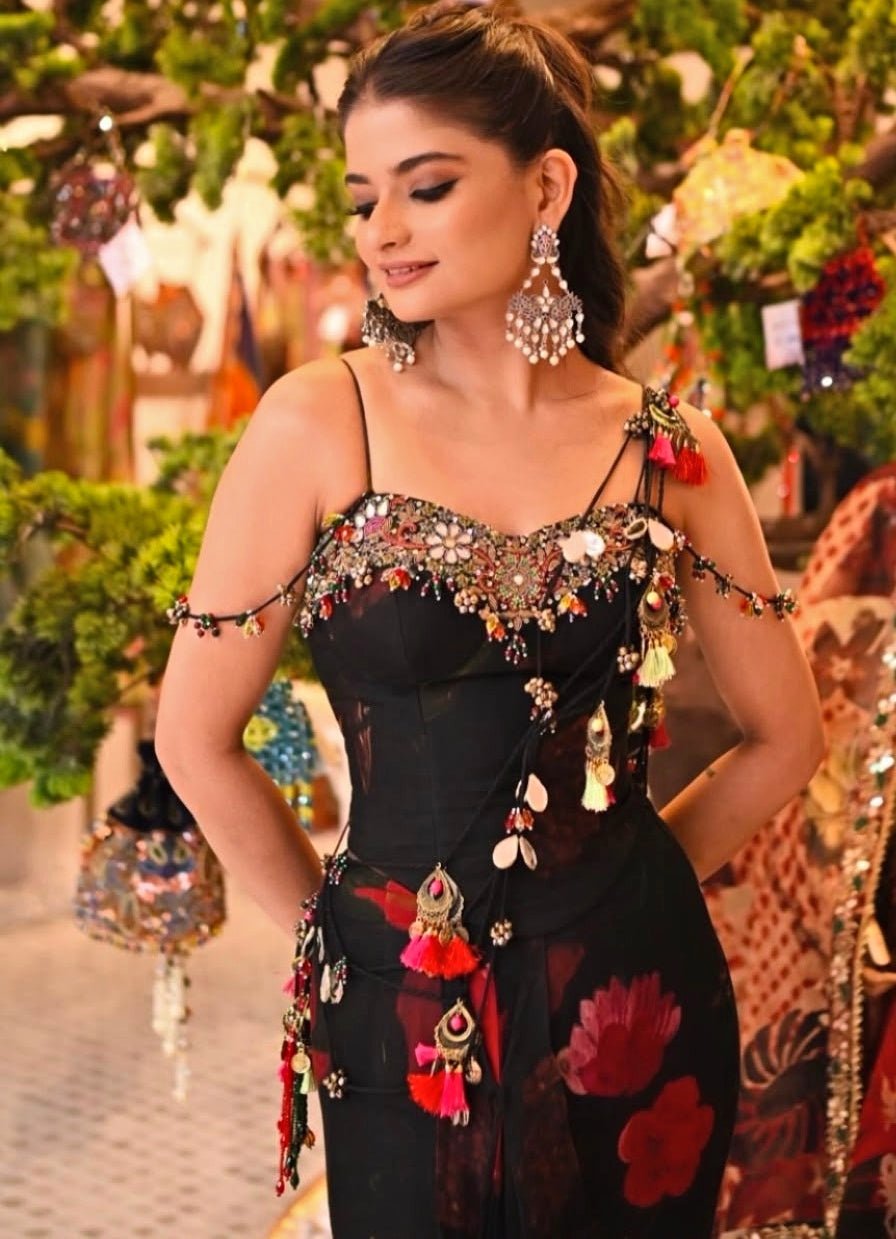 Juhi Bengani Black Organza Pre-Draped Printed Saree With CorsetFabilicious Fashion