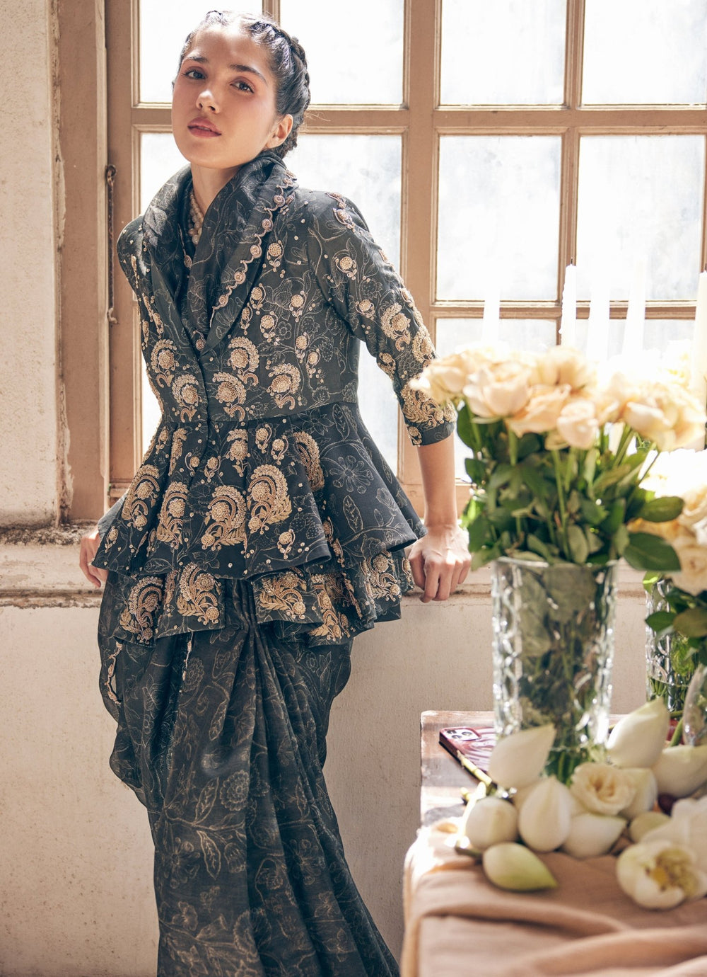 Black Organza Printed Saree With Peplum Jacket Paulmi and Harsh - Fabilicious Fashion