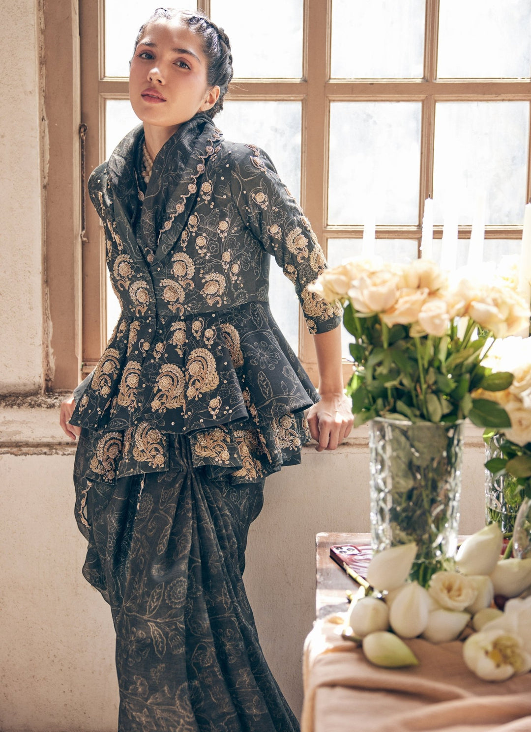 Black Organza Printed Saree With Peplum Jacket Paulmi and Harsh - Fabilicious Fashion