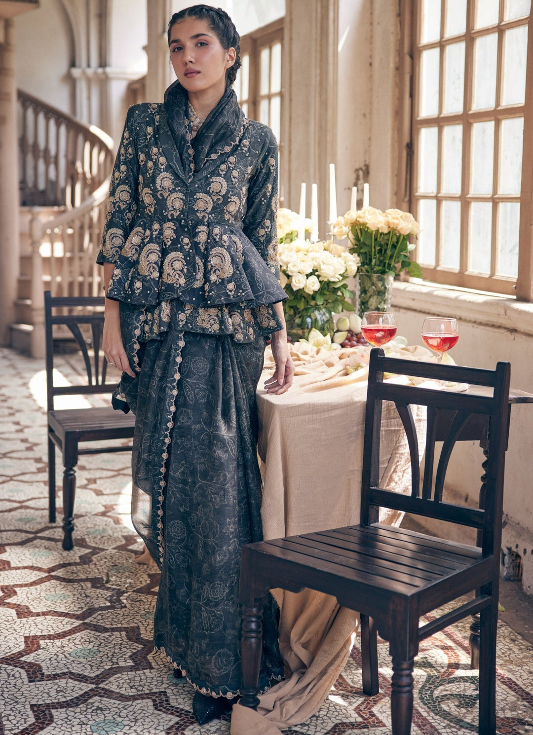 Black Organza Printed Saree With Peplum Jacket Paulmi and Harsh - Fabilicious Fashion