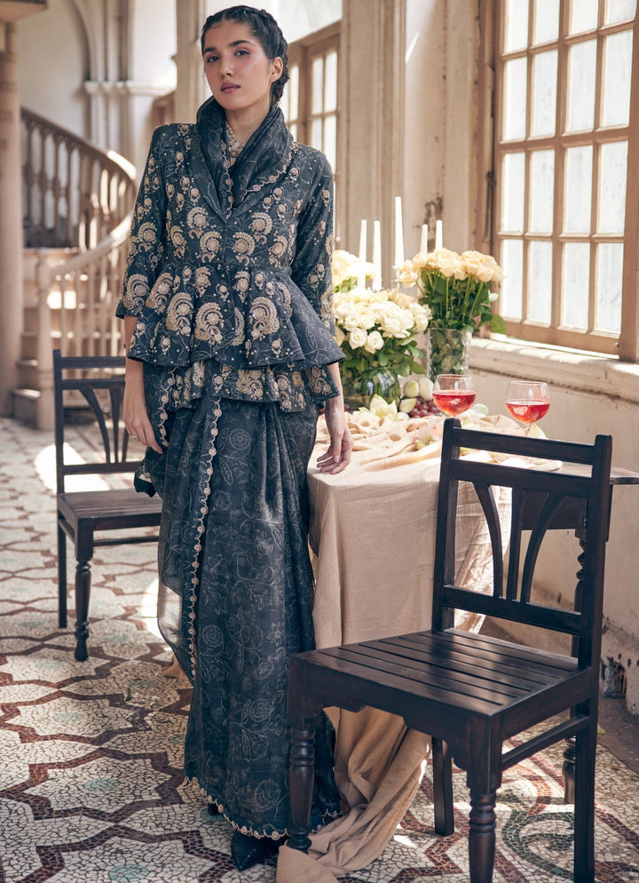 Black Organza Printed Saree With Peplum Jacket Paulmi and Harsh - Fabilicious Fashion