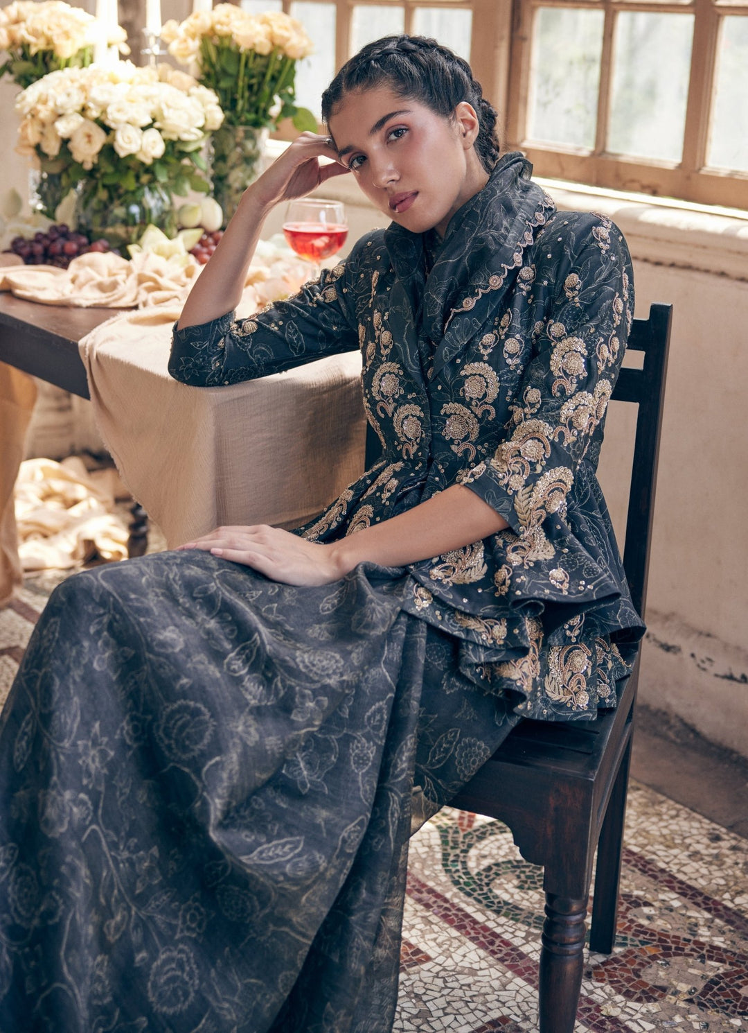 Black Organza Printed Saree With Peplum Jacket Paulmi and Harsh - Fabilicious Fashion