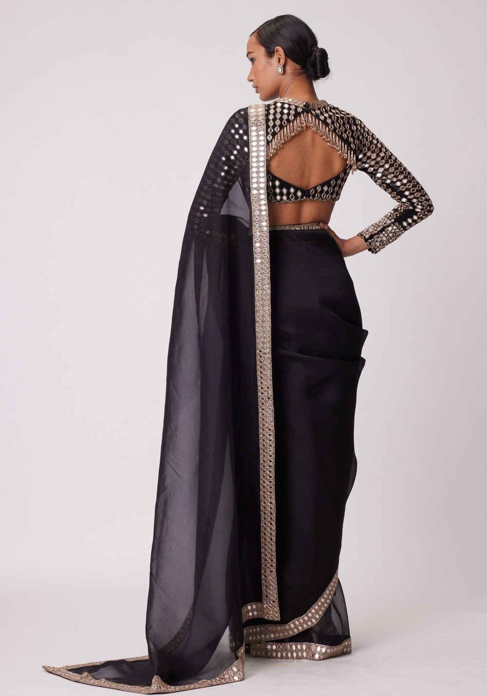 Black Organza Saree With Embroidered Full Sleeves Blouse Vvani by Vani Vats - Fabilicious Fashion