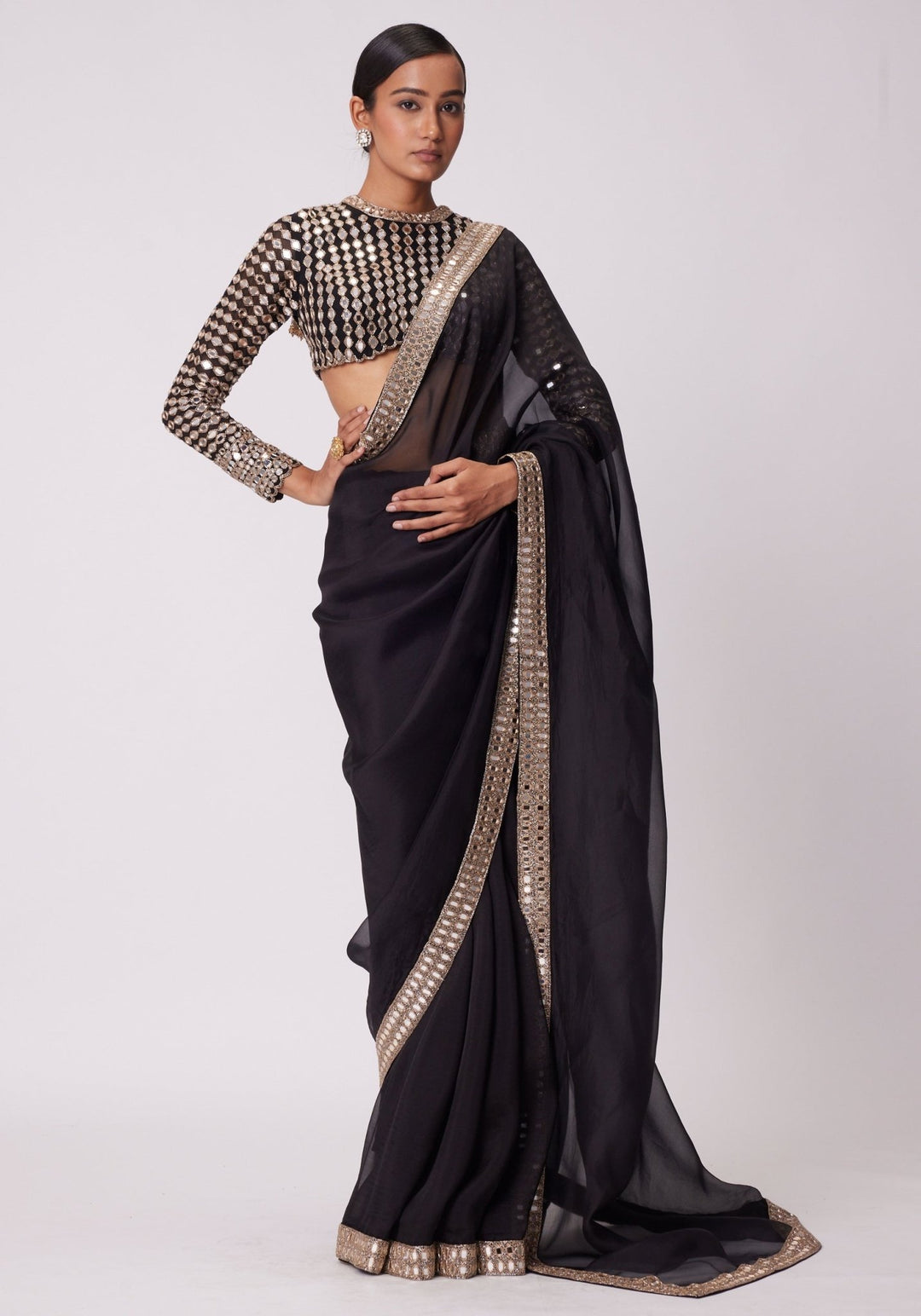 Black Organza Saree With Embroidered Full Sleeves Blouse Vvani by Vani Vats - Fabilicious Fashion