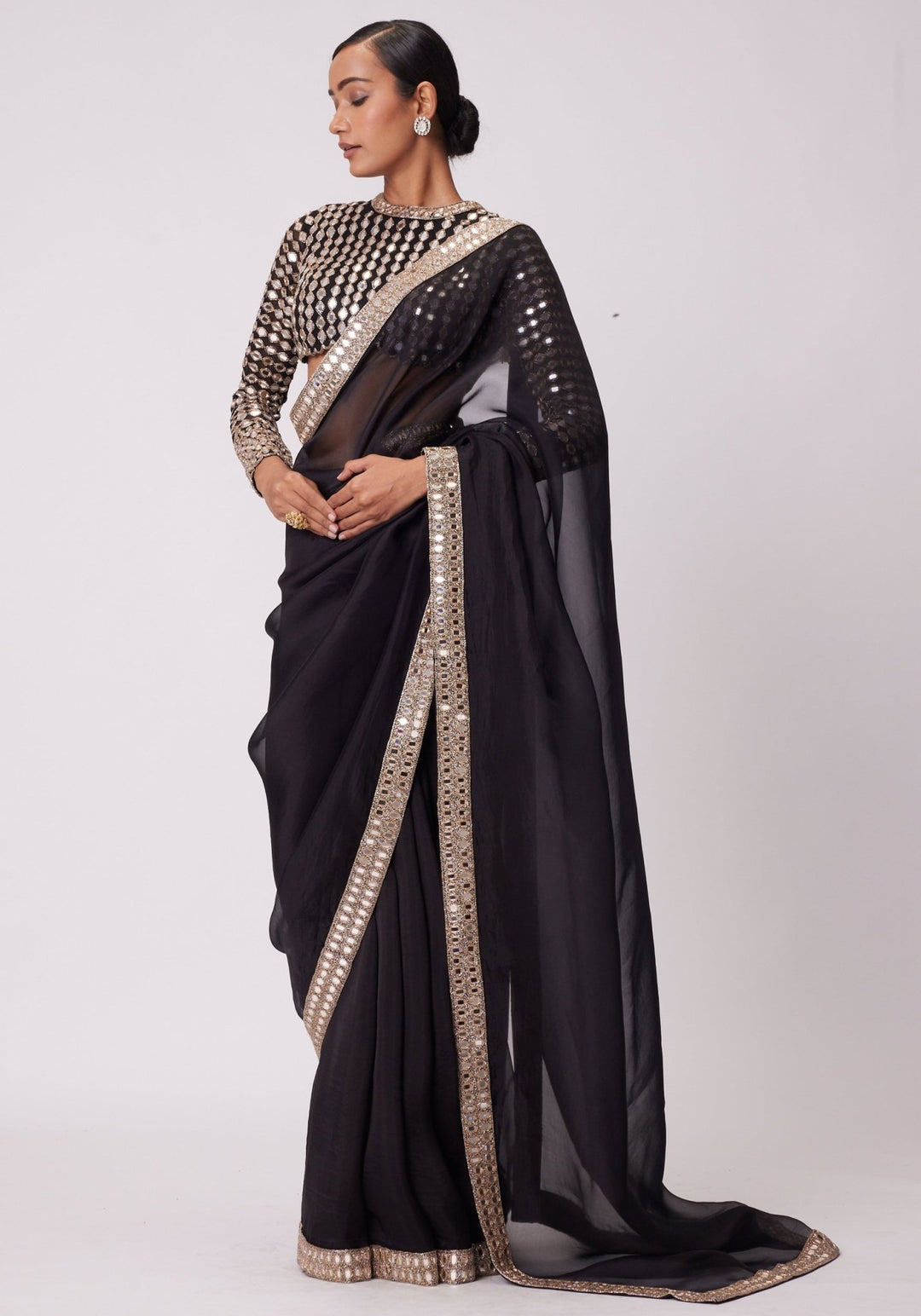 Black Organza Saree With Embroidered Full Sleeves Blouse Vvani by Vani Vats - Fabilicious Fashion