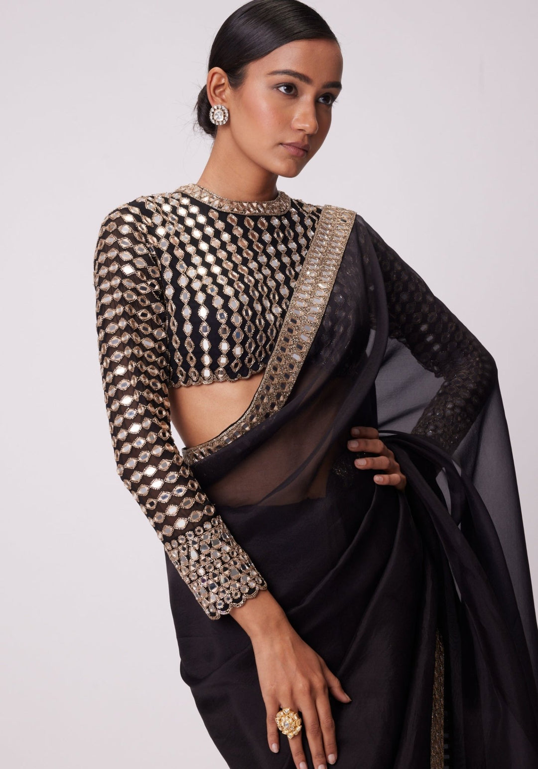 Black Organza Saree With Embroidered Full Sleeves Blouse Vvani by Vani Vats - Fabilicious Fashion