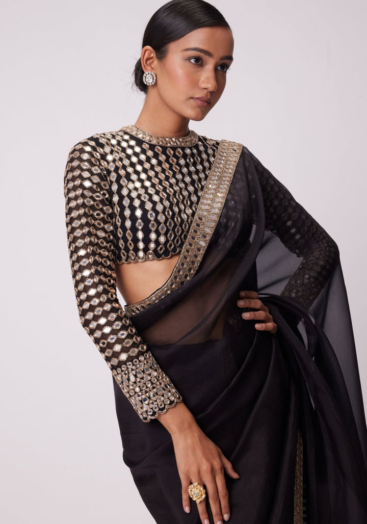 Black Organza Saree With Embroidered Full Sleeves Blouse Vvani by Vani Vats - Fabilicious Fashion