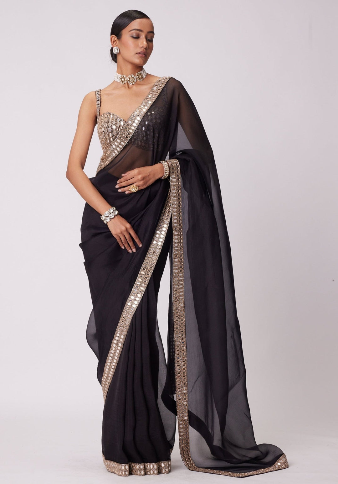Black Organza Saree With Embroidered Mirror Blouse Vvani by Vani Vats - Fabilicious Fashion