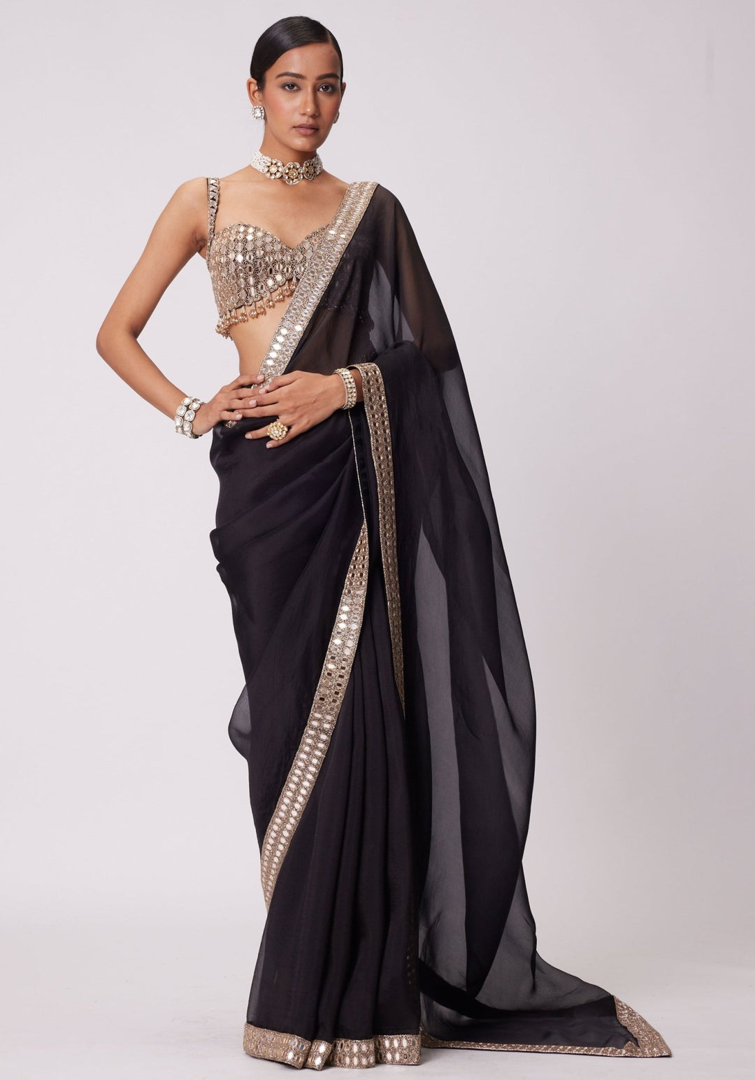 Black Organza Saree With Embroidered Mirror Blouse Vvani by Vani Vats - Fabilicious Fashion
