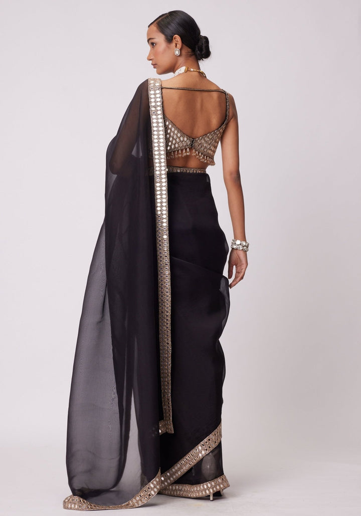 Black Organza Saree With Embroidered Mirror Blouse Vvani by Vani Vats - Fabilicious Fashion