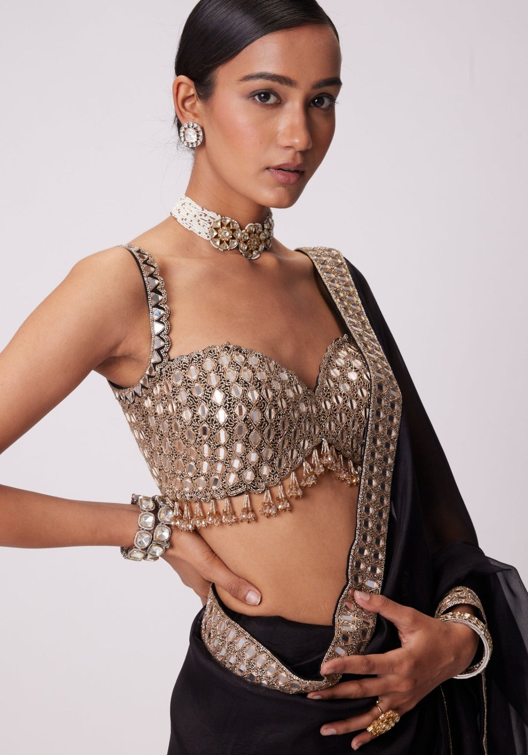 Black Organza Saree With Embroidered Mirror Blouse Vvani by Vani Vats - Fabilicious Fashion
