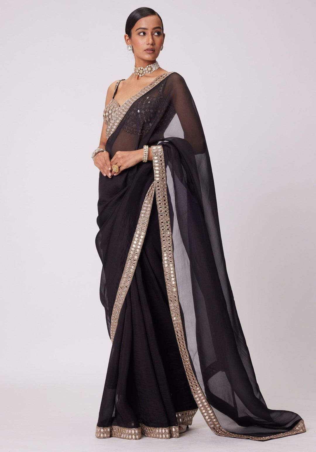 Black Organza Saree With Embroidered Mirror Blouse Vvani by Vani Vats - Fabilicious Fashion