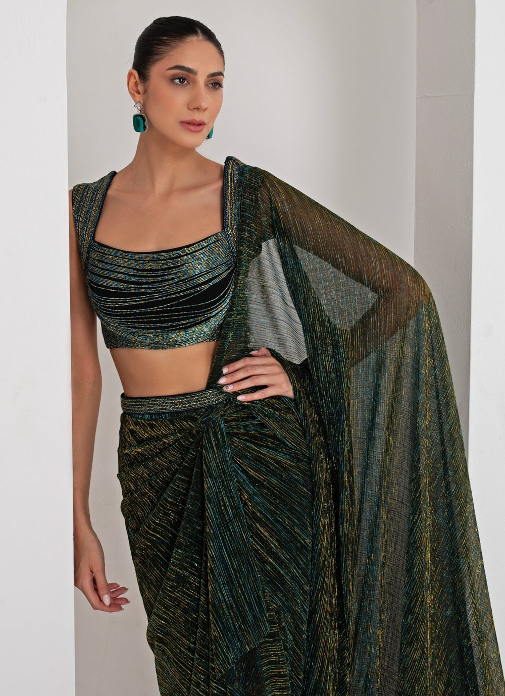 Black Pre - Draped Crepe Saree Akara - Fabilicious Fashion