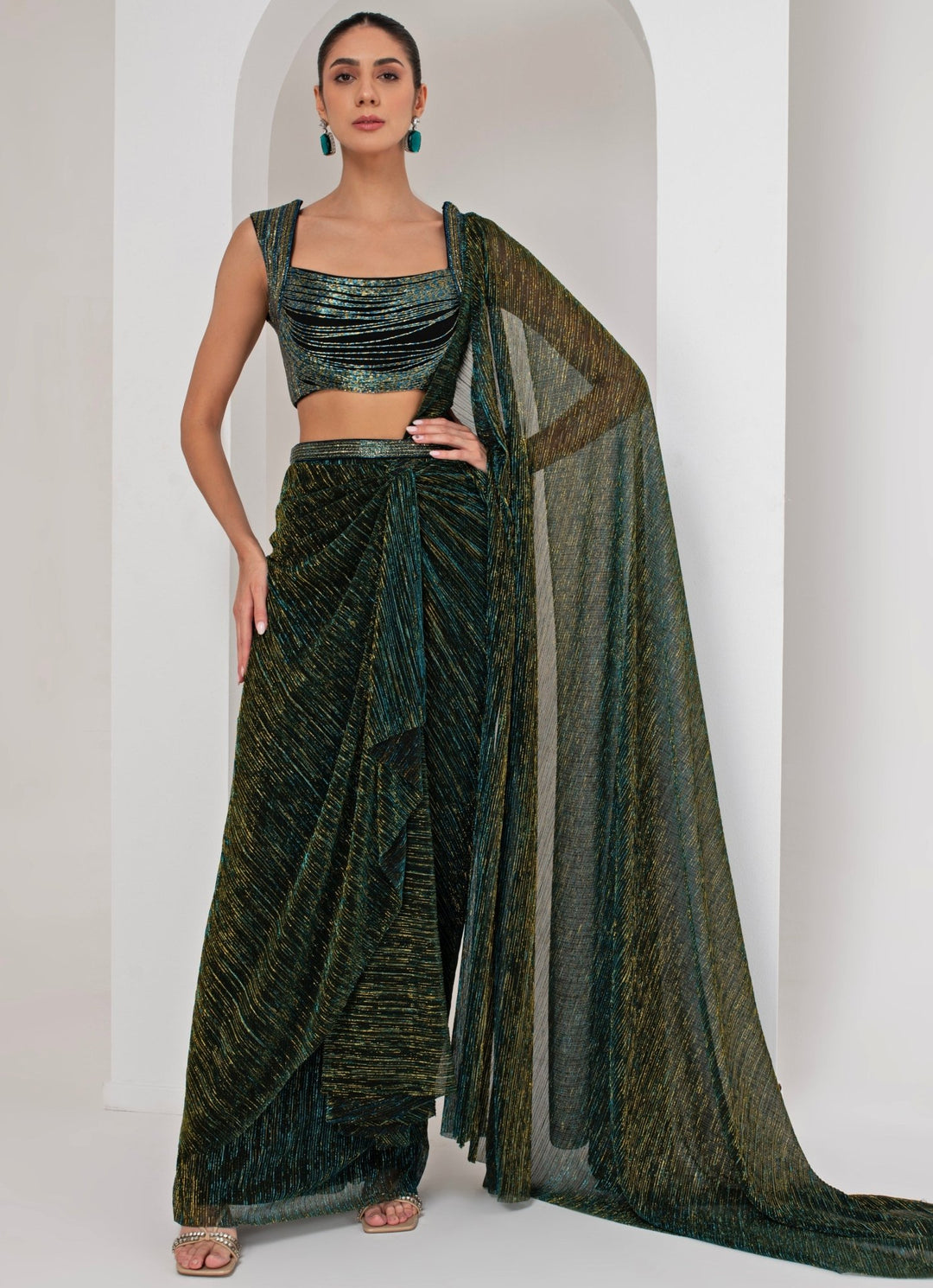 Black Pre - Draped Crepe Saree Akara - Fabilicious Fashion
