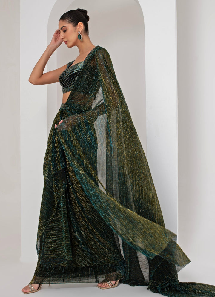 Black Pre - Draped Crepe Saree Akara - Fabilicious Fashion