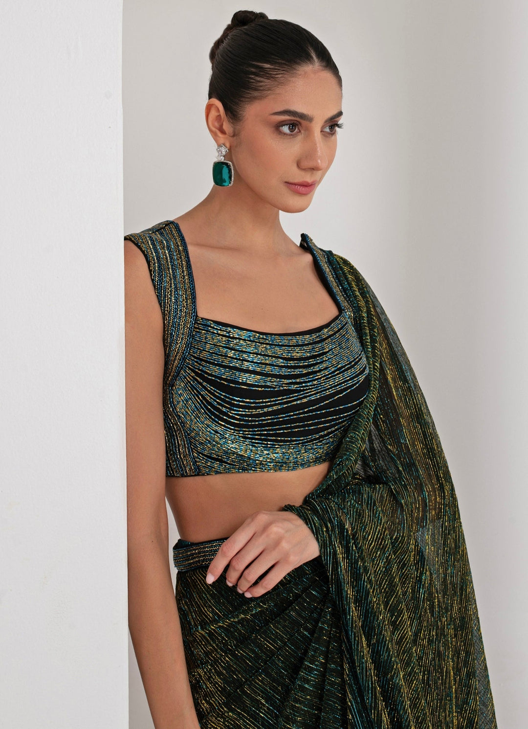Black Pre - Draped Crepe Saree Akara - Fabilicious Fashion
