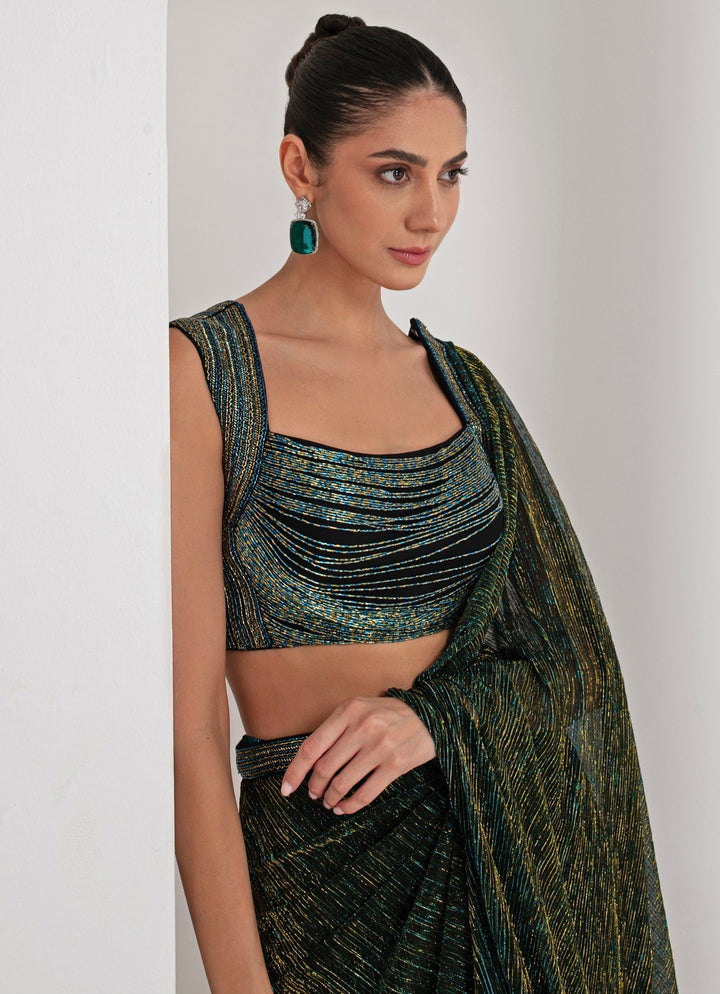 Black Pre - Draped Crepe Saree Akara - Fabilicious Fashion