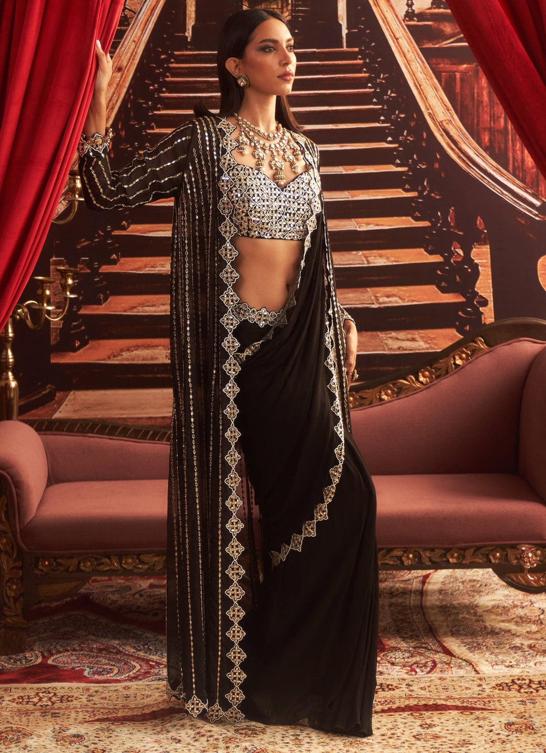 Black Pre Draped Georgette Saree With Embroidered Blouse And Jacket Seema Thukral - Fabilicious Fashion