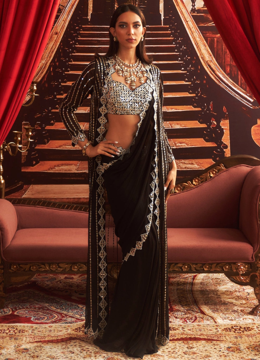 Black Pre Draped Georgette Saree With Embroidered Blouse And Jacket Seema Thukral - Fabilicious Fashion