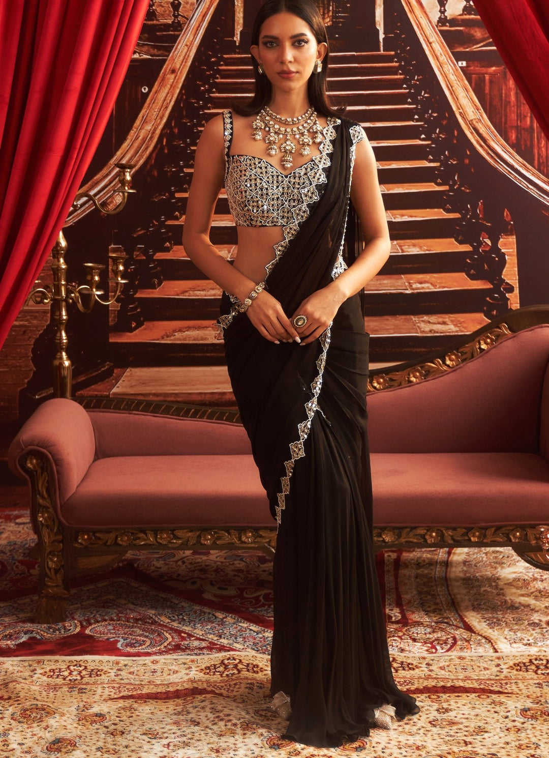 Black Pre Draped Georgette Saree With Embroidered Blouse Seema Thukral - Fabilicious Fashion