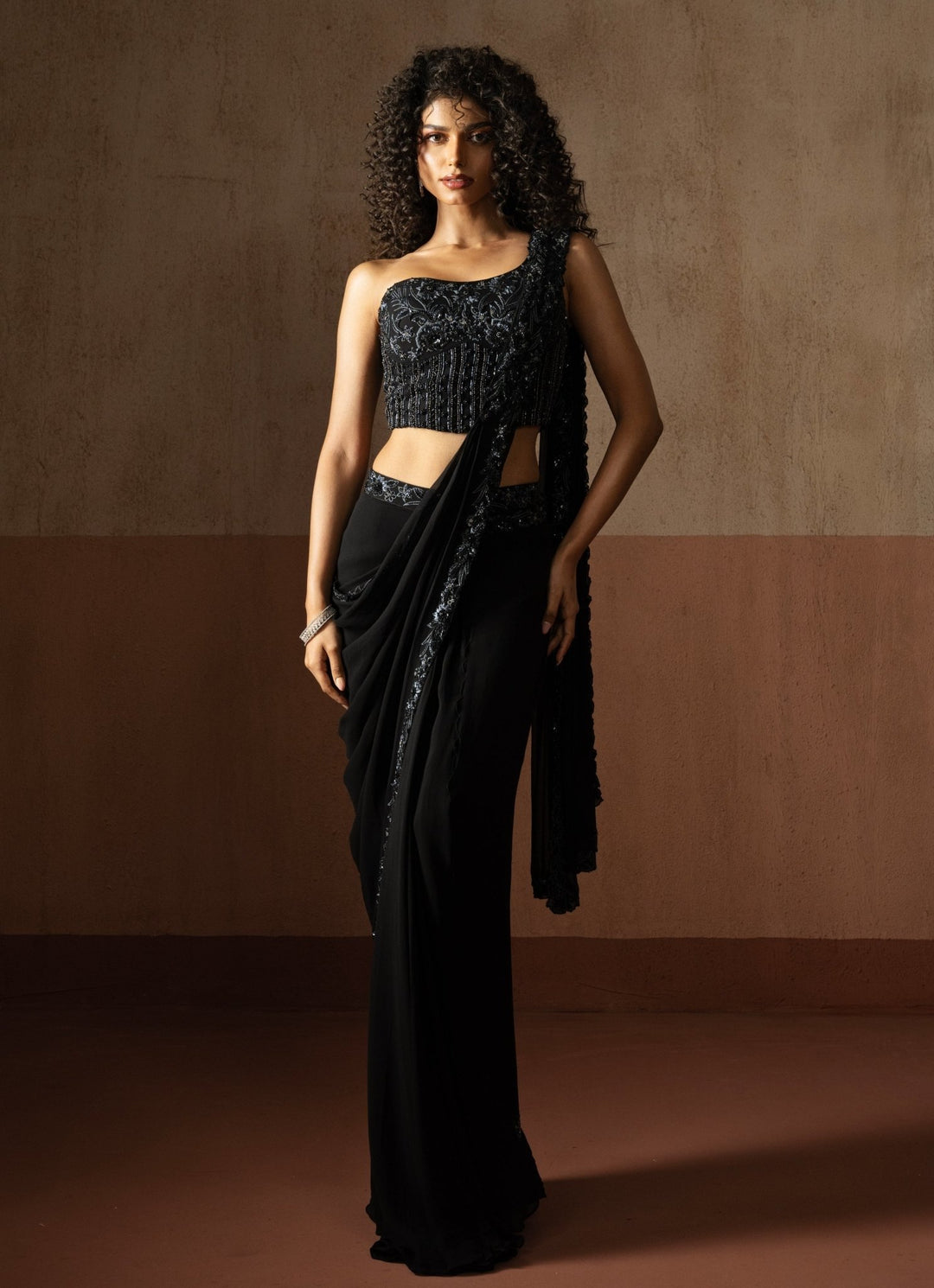 Black Pre Draped Georgette Saree With One Shoulder Blouse Quench A Thirst - Fabilicious Fashion