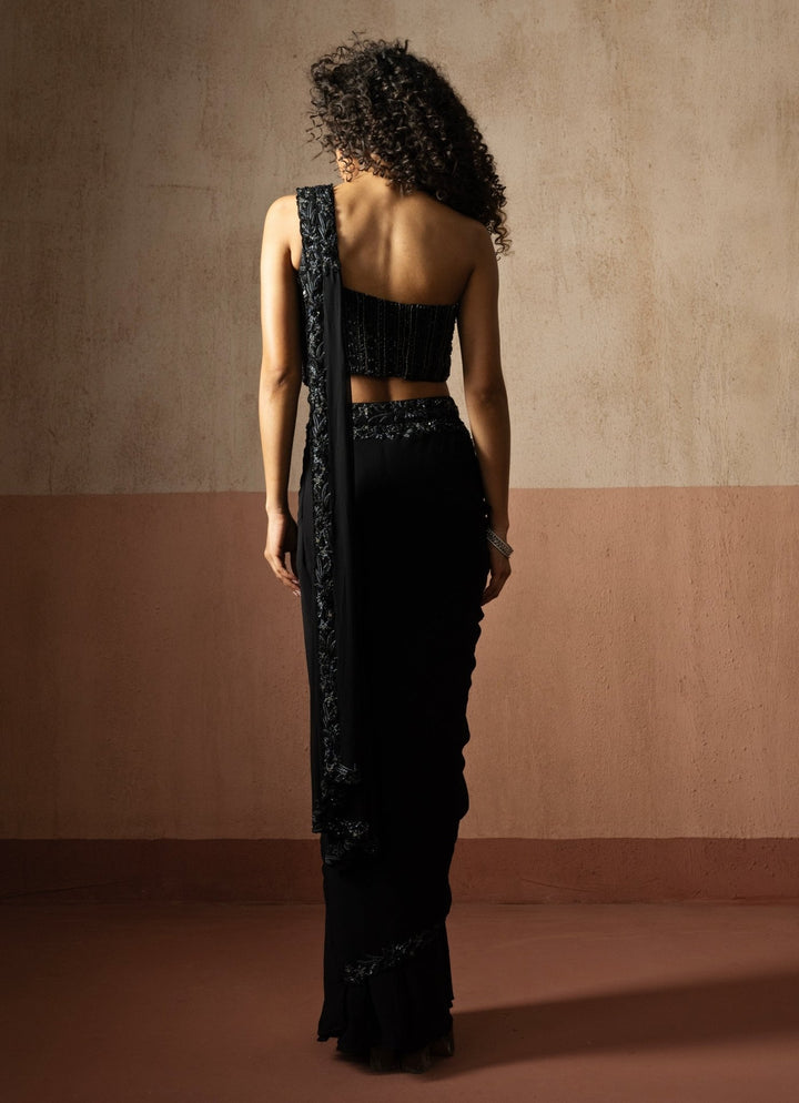 Black Pre Draped Georgette Saree With One Shoulder Blouse Quench A Thirst - Fabilicious Fashion