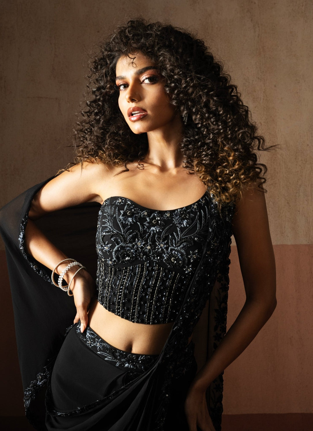 Black Pre Draped Georgette Saree With One Shoulder Blouse Quench A Thirst - Fabilicious Fashion
