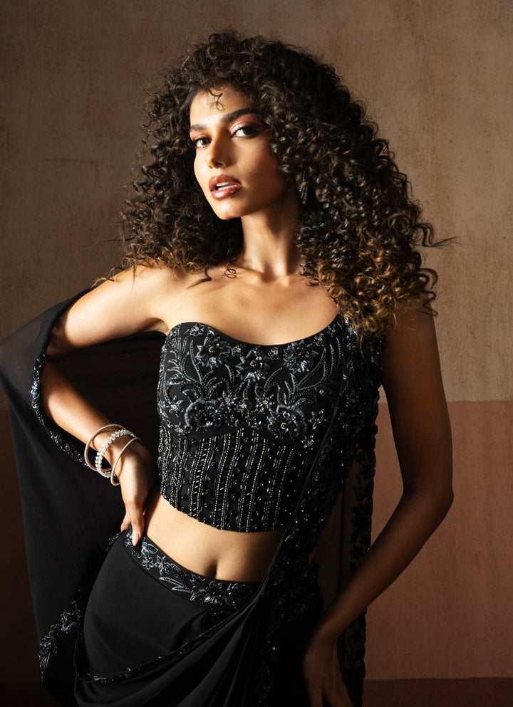 Black Pre Draped Georgette Saree With One Shoulder Blouse Quench A Thirst - Fabilicious Fashion
