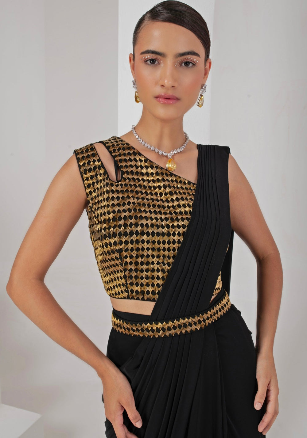 Black Pre - Draped Saree Set Akara - Fabilicious Fashion