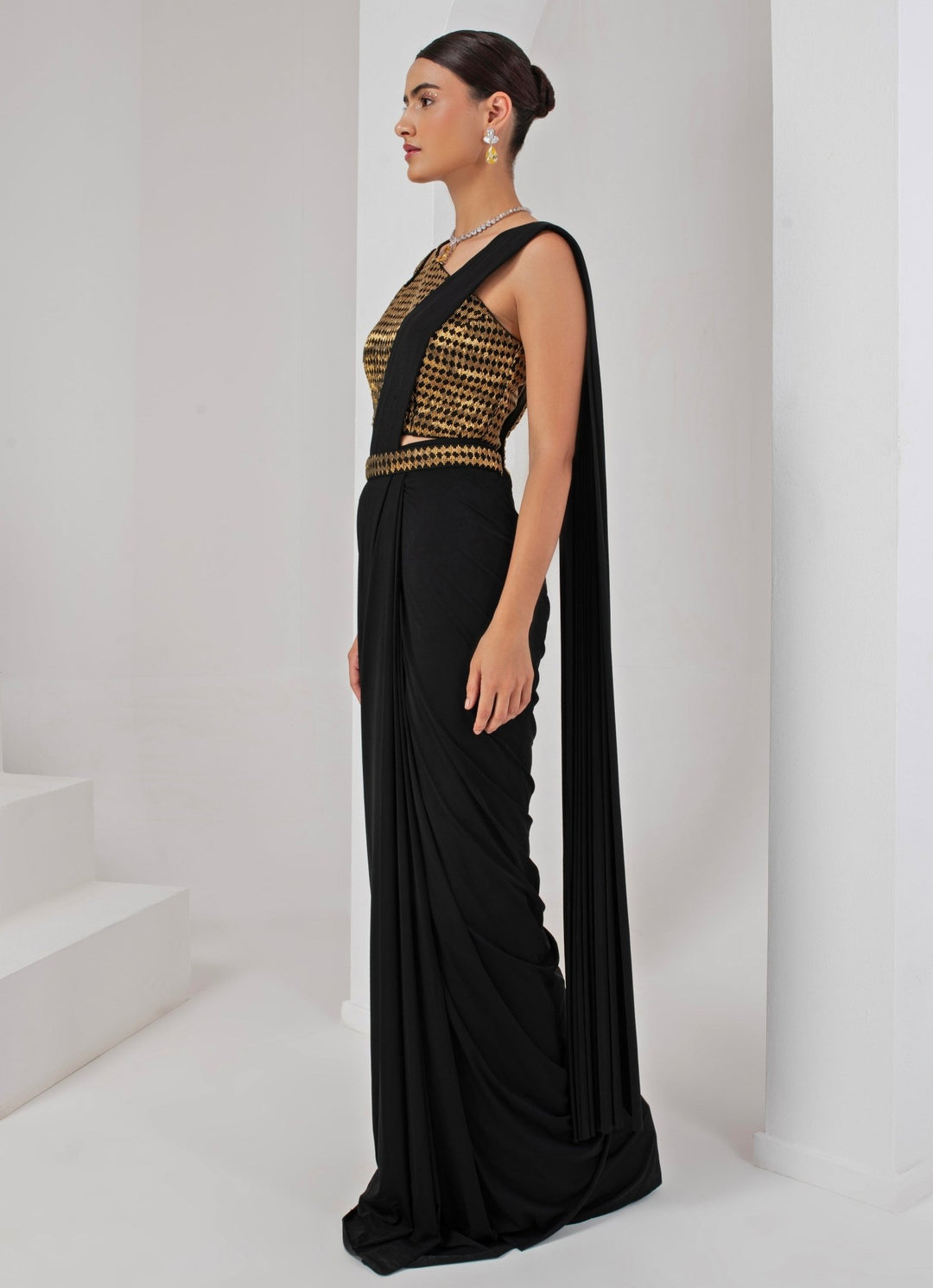 Black Pre - Draped Saree Set Akara - Fabilicious Fashion