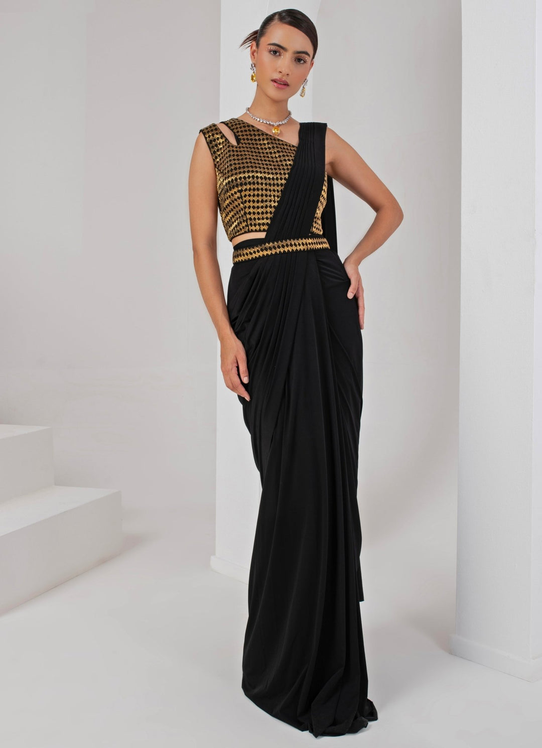Black Pre - Draped Saree Set Akara - Fabilicious Fashion