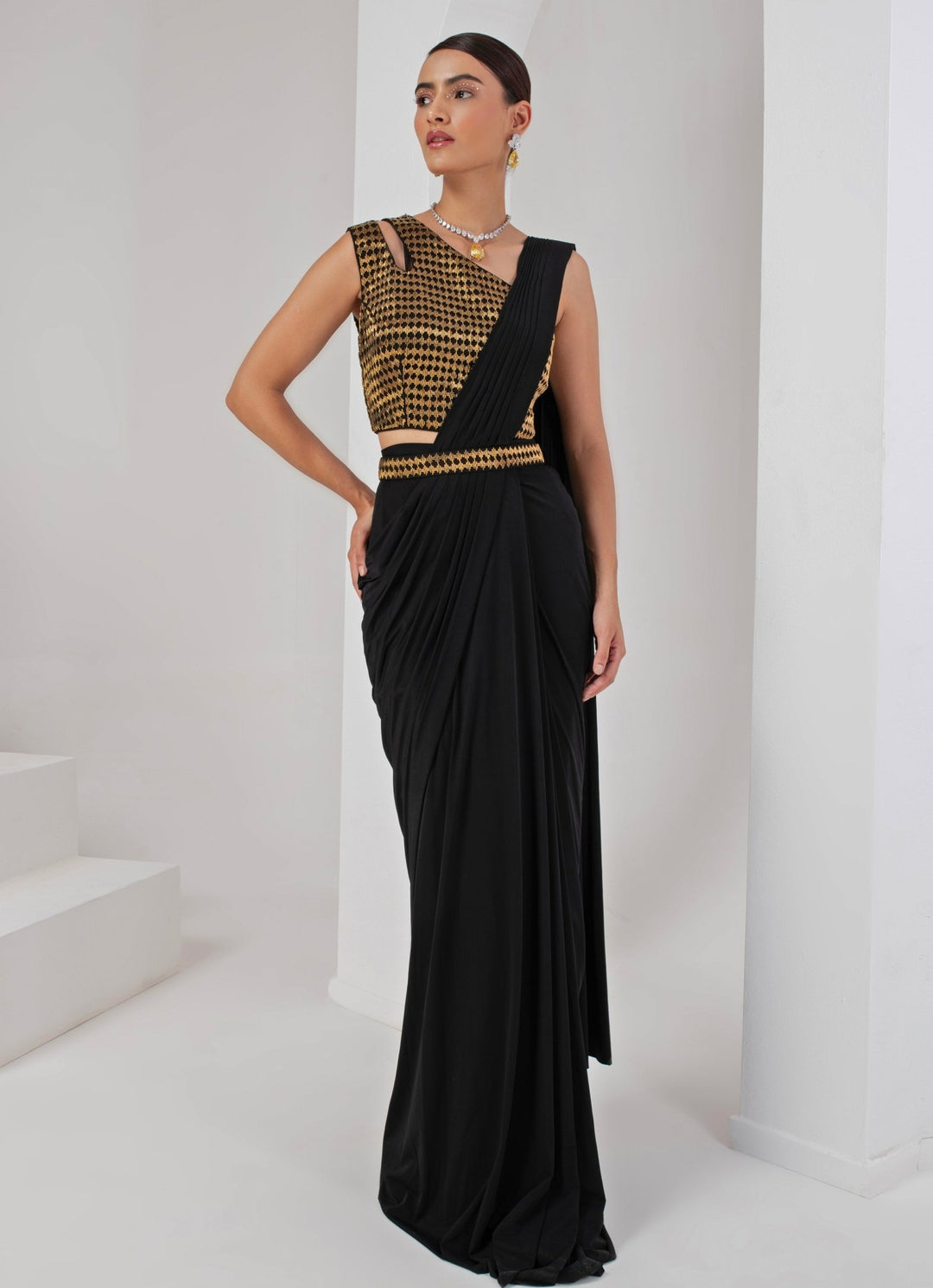 Black Pre - Draped Saree Set Akara - Fabilicious Fashion