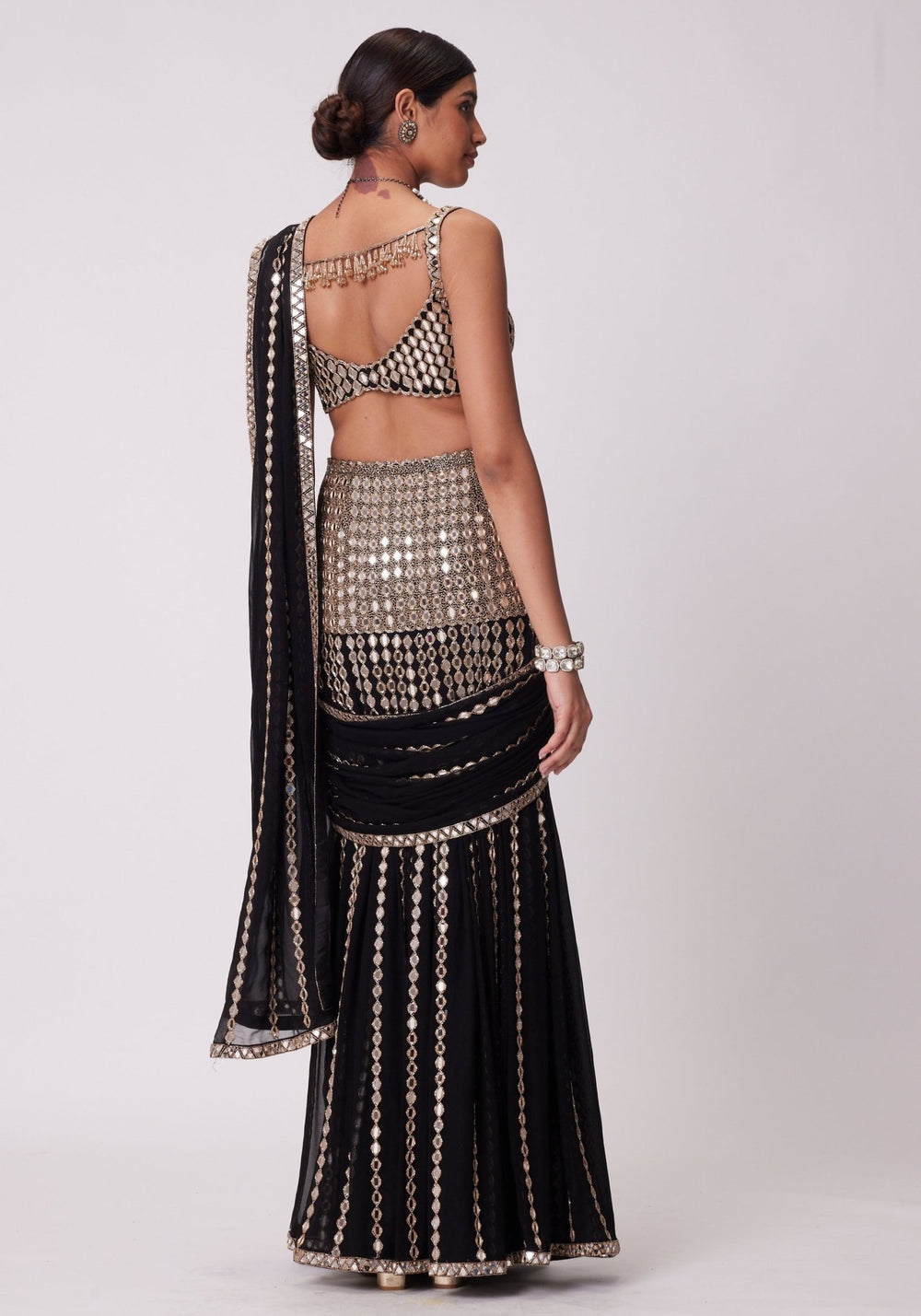 Black Pre Draped Saree With Embroidered Mirror Blouse Vvani by Vani Vats - Fabilicious Fashion