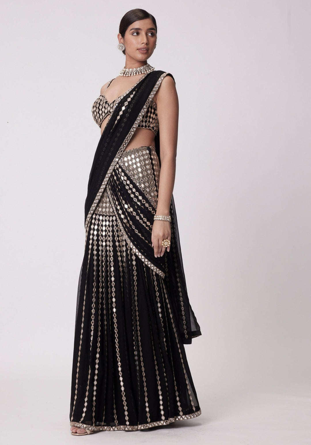 Black Pre Draped Saree With Embroidered Mirror Blouse Vvani by Vani Vats - Fabilicious Fashion
