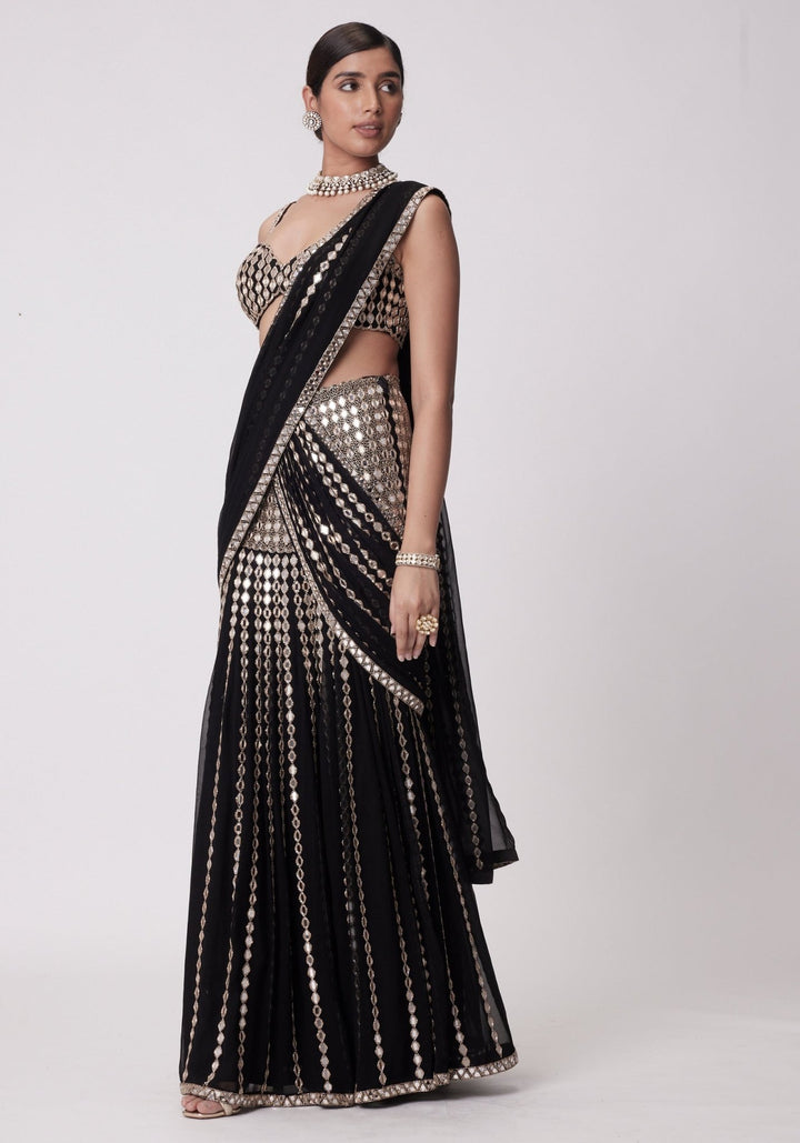 Black Pre Draped Saree With Embroidered Mirror Blouse Vvani by Vani Vats - Fabilicious Fashion