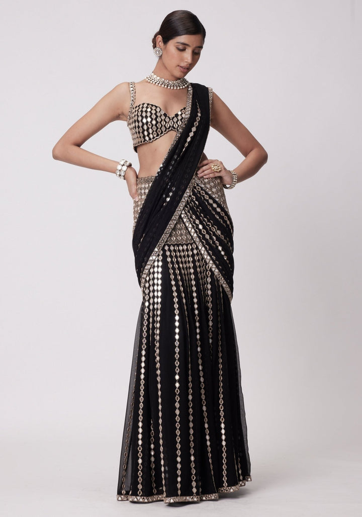 Black Pre Draped Saree With Embroidered Mirror Blouse Vvani by Vani Vats - Fabilicious Fashion