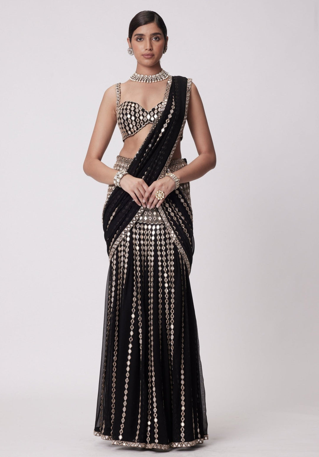 Black Pre Draped Saree With Embroidered Mirror Blouse Vvani by Vani Vats - Fabilicious Fashion