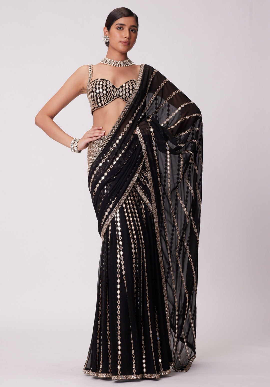 Black Pre Draped Saree With Embroidered Mirror Blouse Vvani by Vani Vats - Fabilicious Fashion