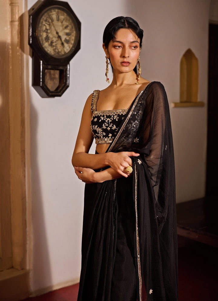 Black Pre - Stitched Chiffon Saree Set Zoon Tribe - Fabilicious Fashion