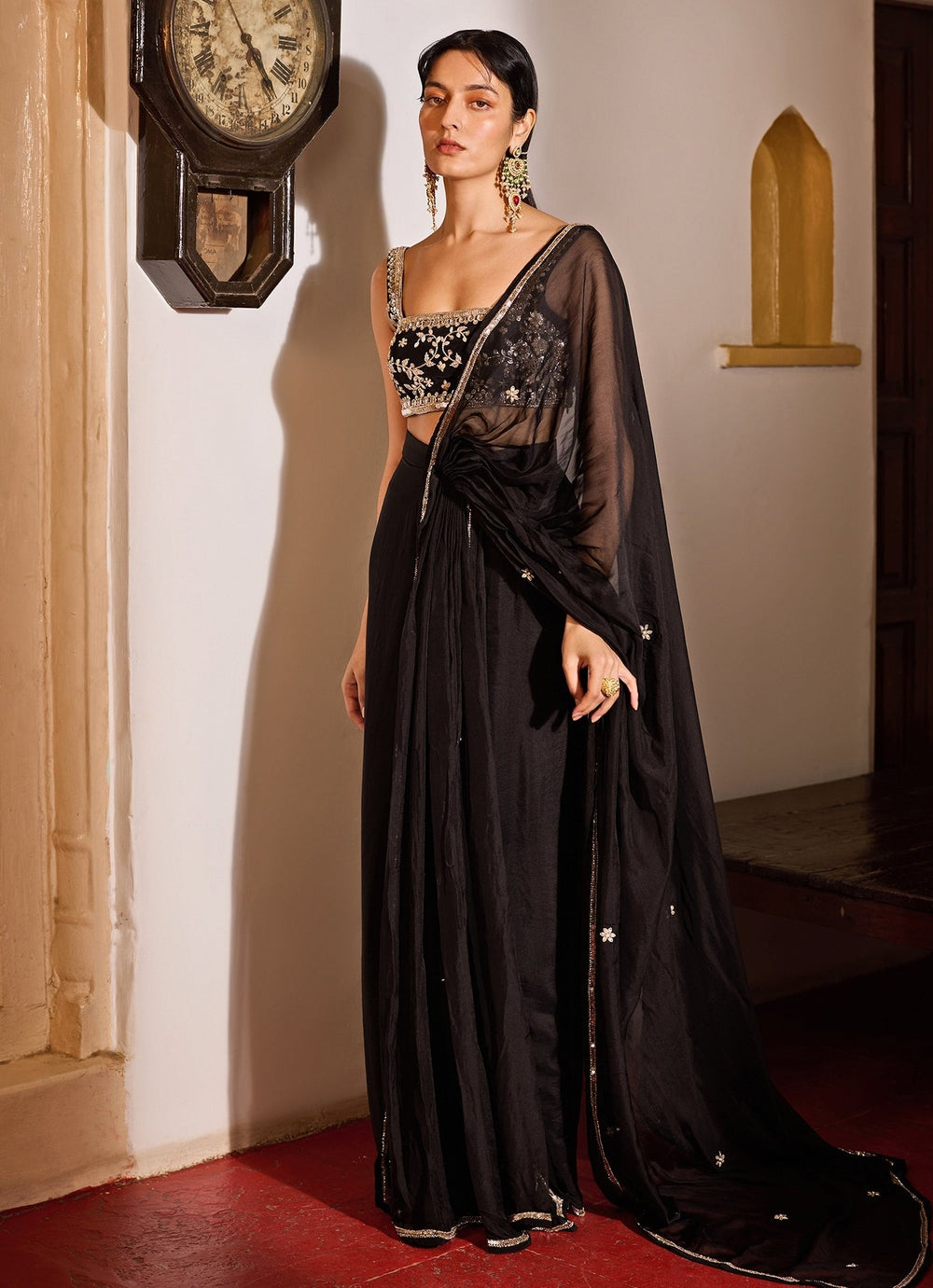 Black Pre - Stitched Chiffon Saree Set Zoon Tribe - Fabilicious Fashion