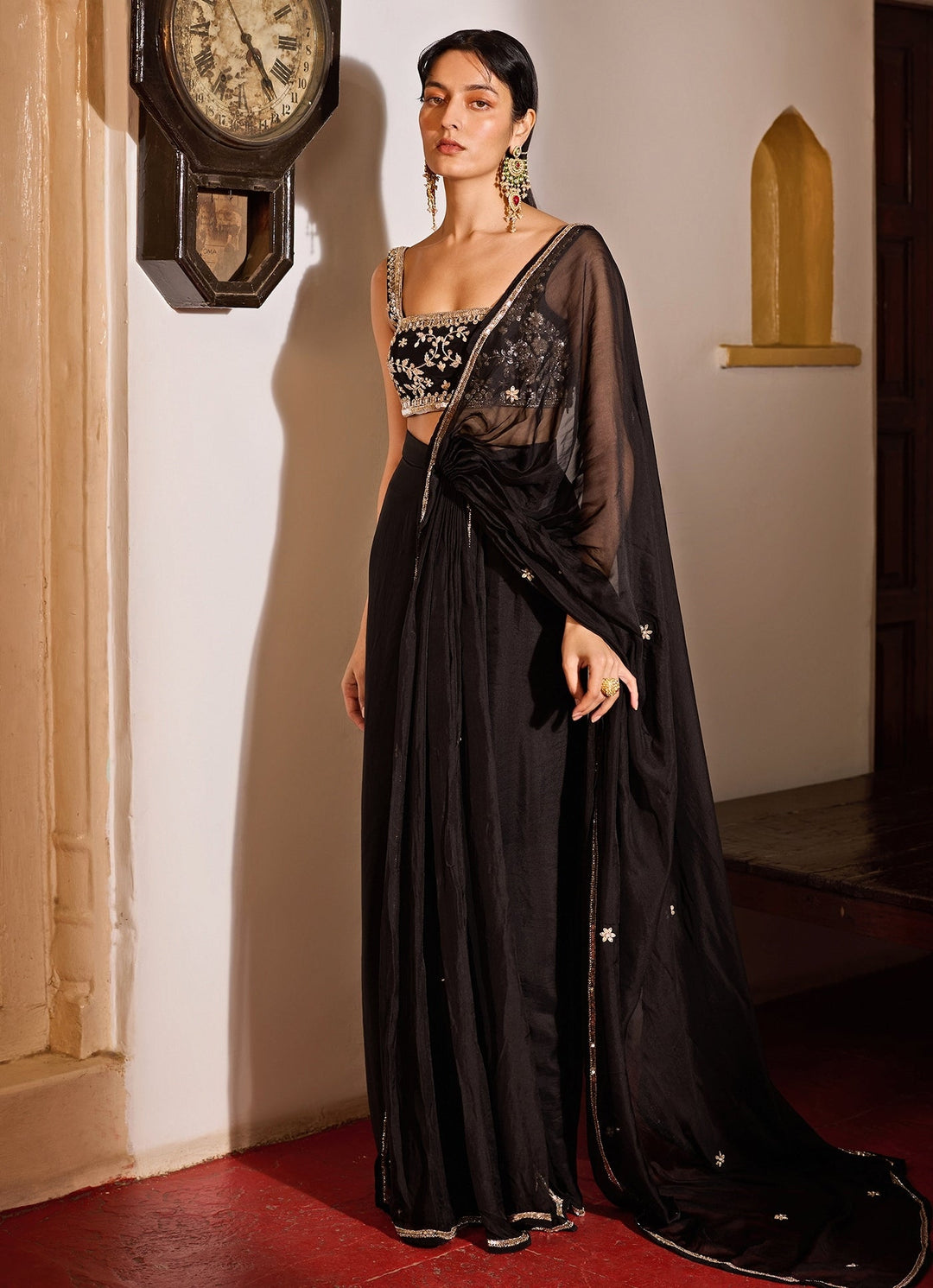 Black Pre - Stitched Chiffon Saree Set Zoon Tribe - Fabilicious Fashion