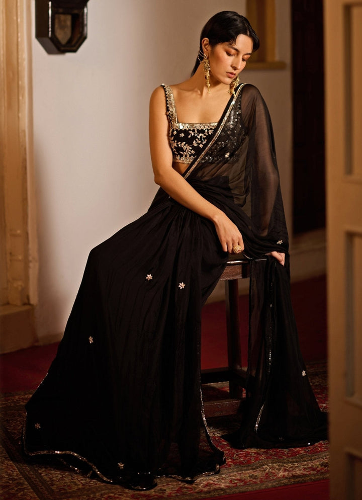 Black Pre - Stitched Chiffon Saree Set Zoon Tribe - Fabilicious Fashion