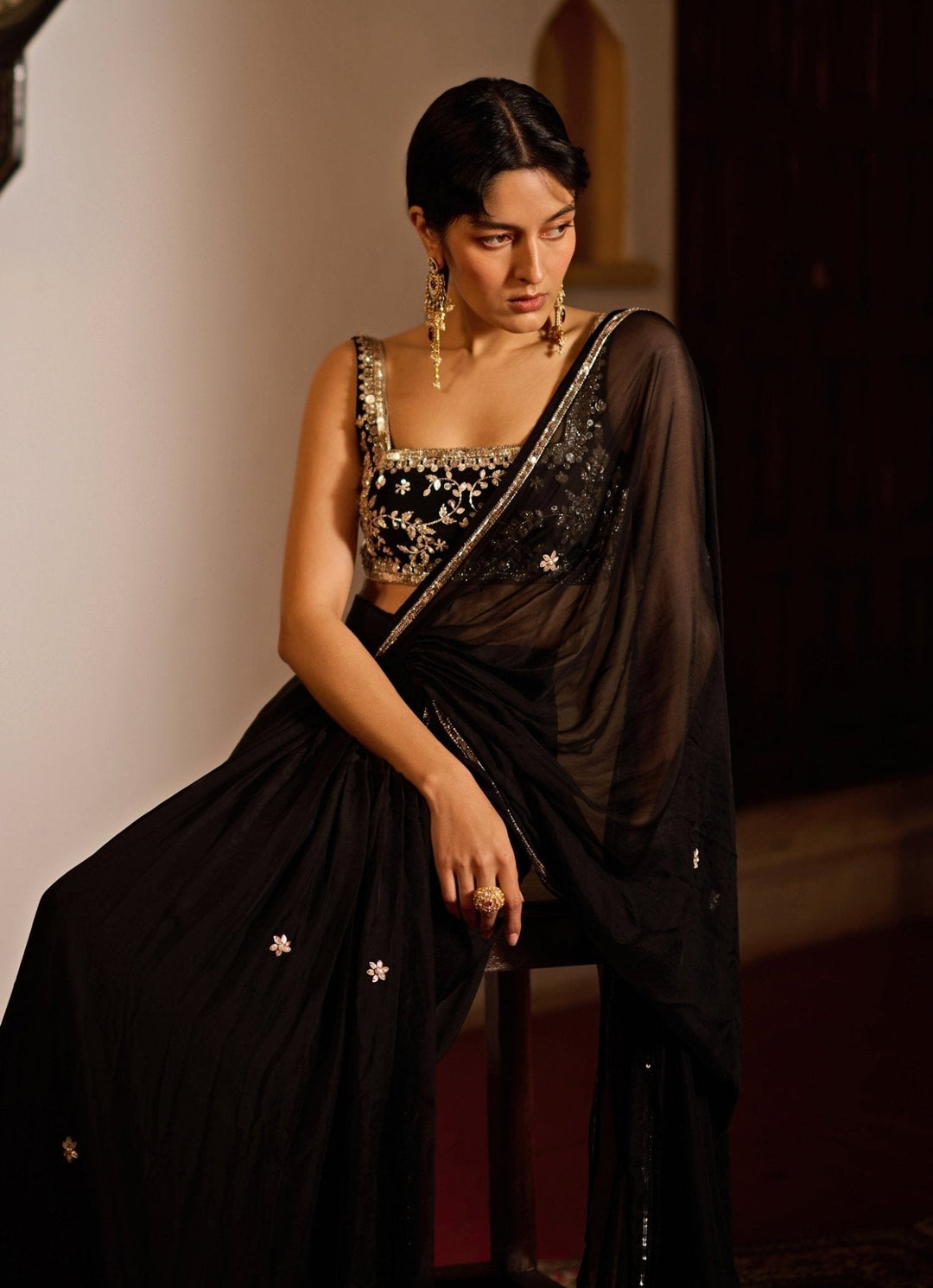 Black Pre-Stitched Chiffon Saree Set Zoon Tribe- Fabilicious Fashion