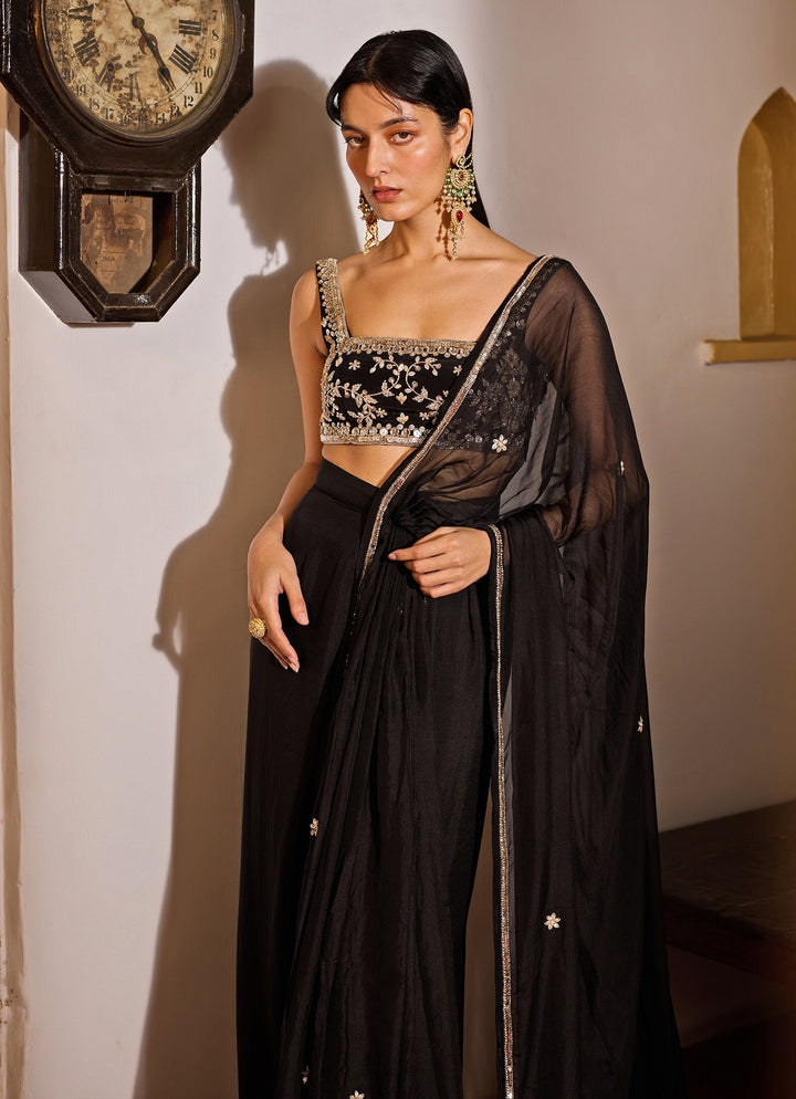 Black Pre - Stitched Chiffon Saree Set Zoon Tribe - Fabilicious Fashion