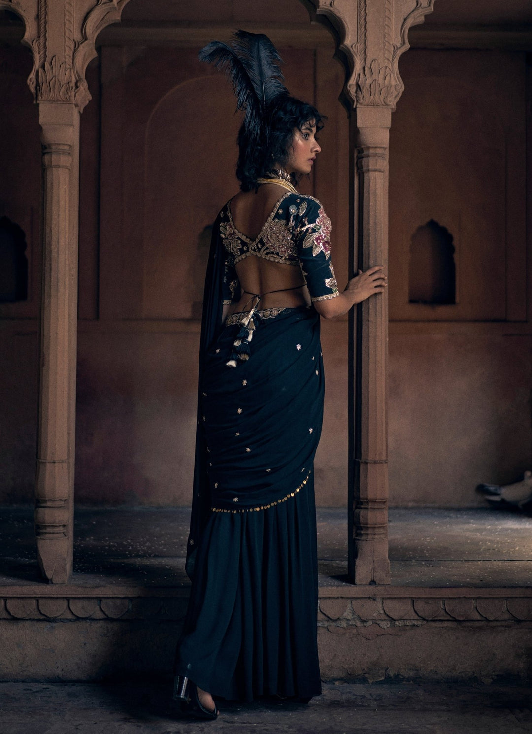 Black Predraped Georgette Saree Paulmi and Harsh - Fabilicious Fashion