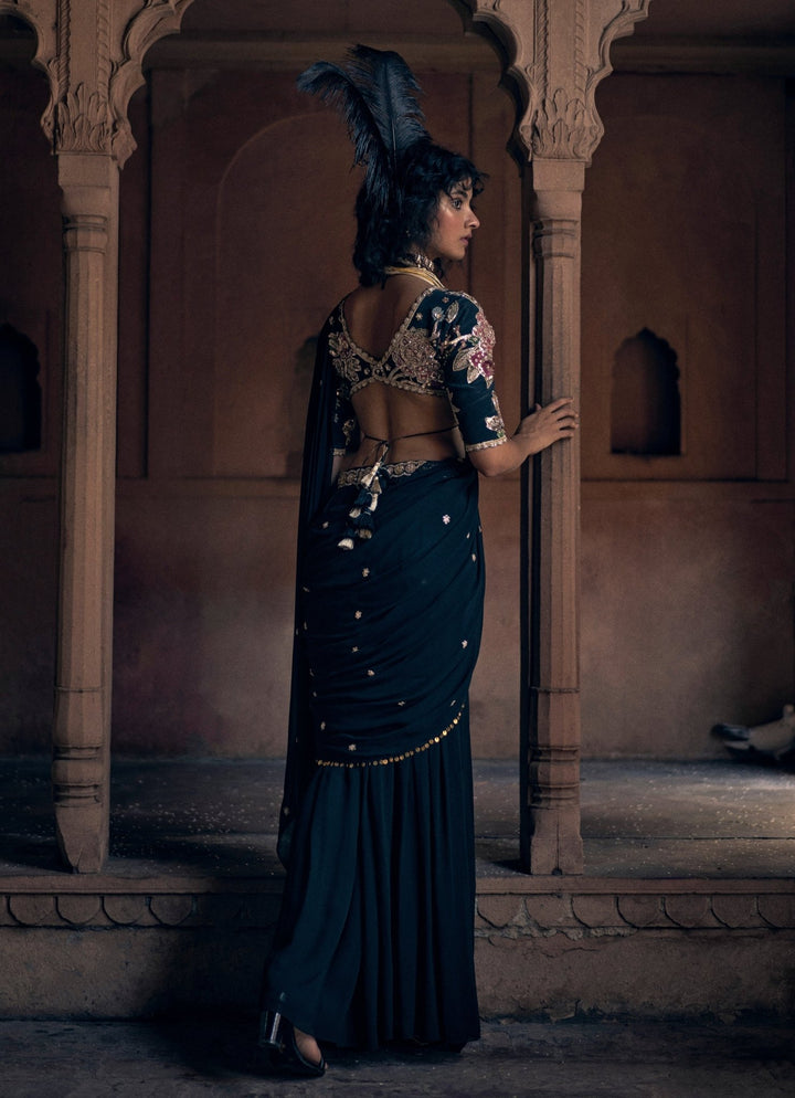 Black Predraped Georgette Saree Paulmi and Harsh - Fabilicious Fashion