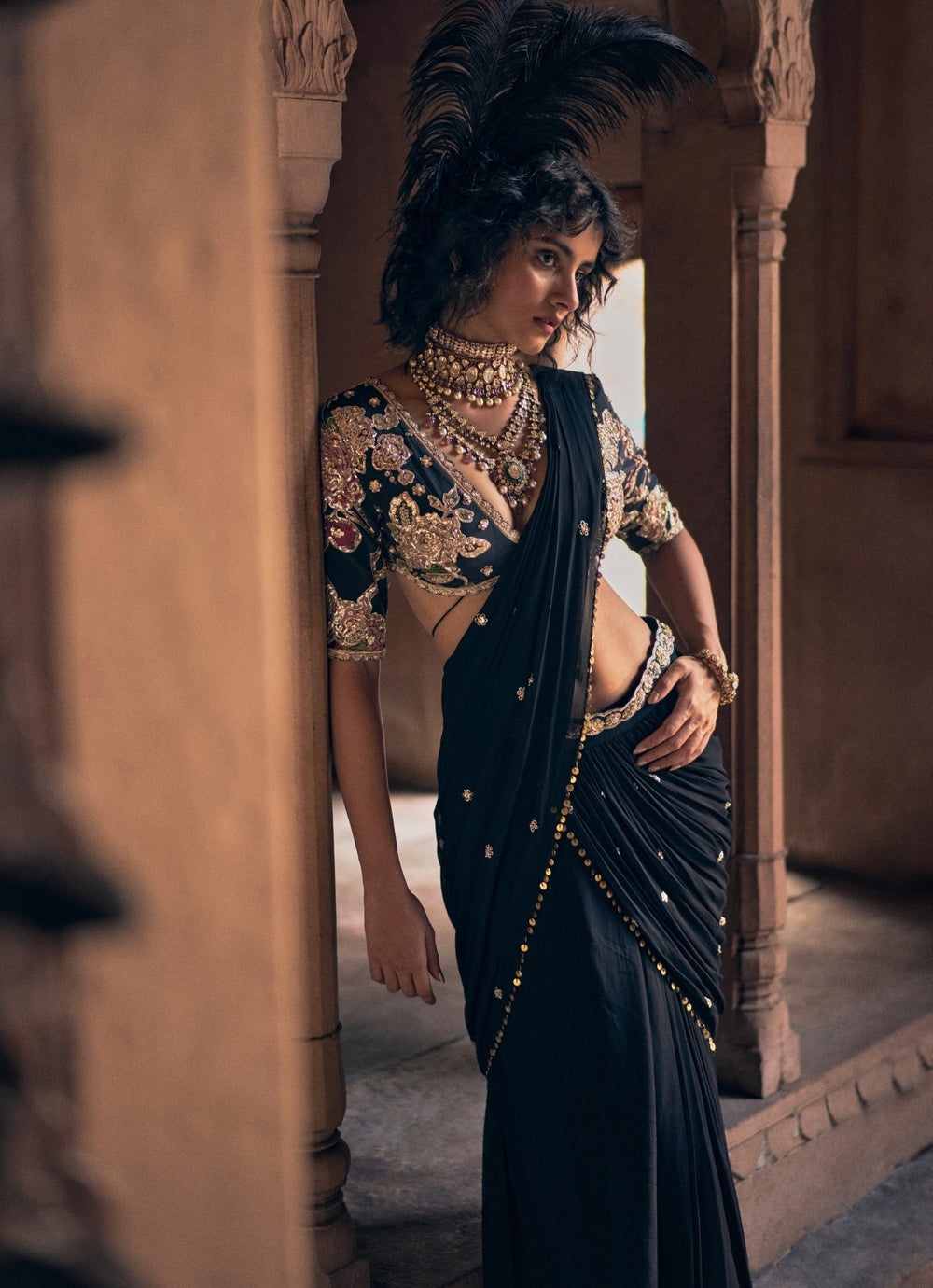 Black Predraped Georgette Saree Paulmi and Harsh - Fabilicious Fashion