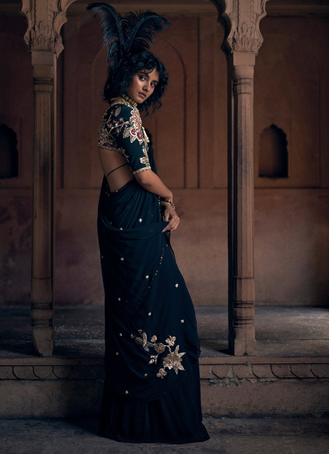 Black Predraped Georgette Saree Paulmi and Harsh - Fabilicious Fashion