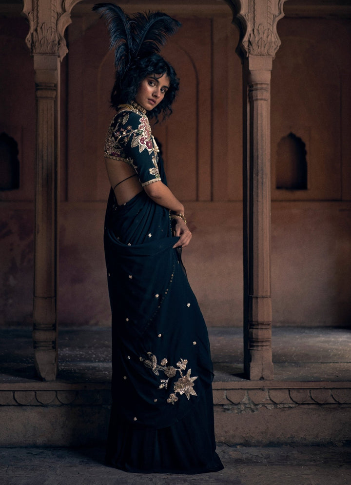 Black Predraped Georgette Saree Paulmi and Harsh - Fabilicious Fashion